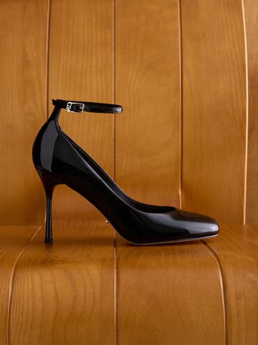 Aretha Patent Leather Ankle-Strap Stiletto-Heel Pumps, Black Patent, hi-res