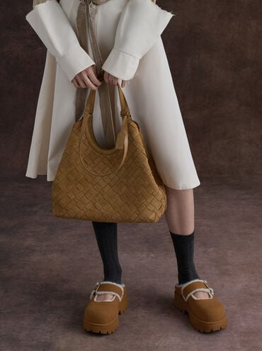 Bergen Textured Fur-Trim Buckled Platform Mules, Brown, hi-res