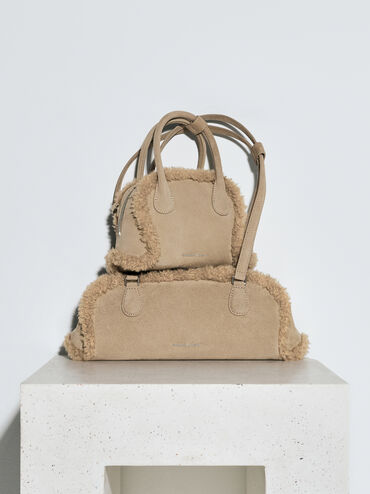 Nelly Recycled Suede & Faux Shearling Elongated Shoulder Bag, Nutmeg Beige, hi-res