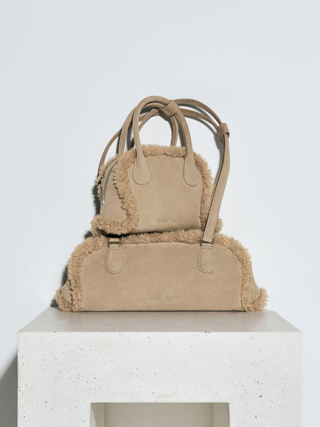 Nelly Faux Shearling Elongated Shoulder Bag, Nutmeg Beige, hi-res