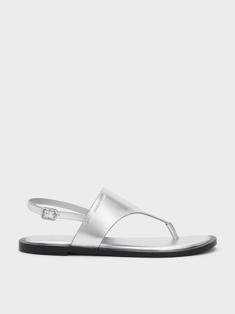 Metallic V-Strap Slingback Thong Sandals, Silver, hi-res