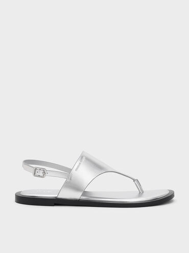 Metallic V-Strap Slingback Thong Sandals, Silver, hi-res