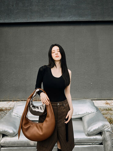 Toni Knotted Crescent Hobo Bag, Chocolate, hi-res