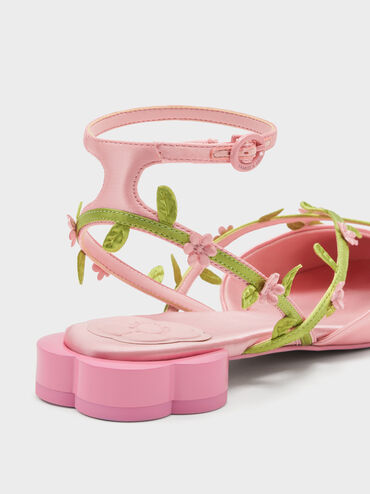 Floral-Vine Ankle-Strap Flats, Pink, hi-res