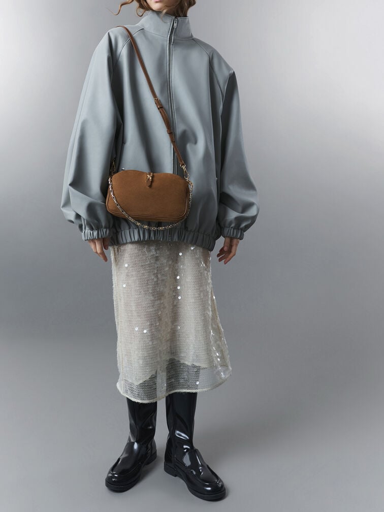 Adalyn Recycled Suede Metallic-Buckle Chain-Handle Shoulder Bag, Mocha Brown, hi-res