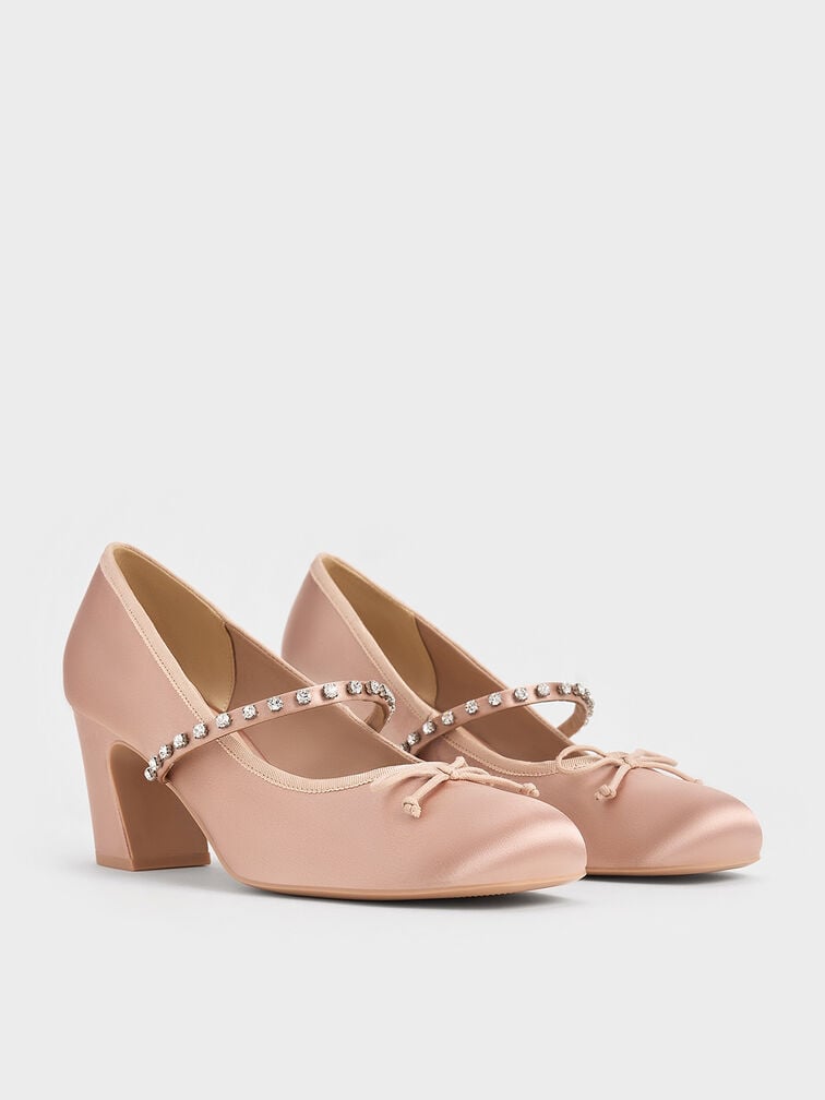 Satin Gem-Embellished Bow Mary Jane Pumps, Nude, hi-res