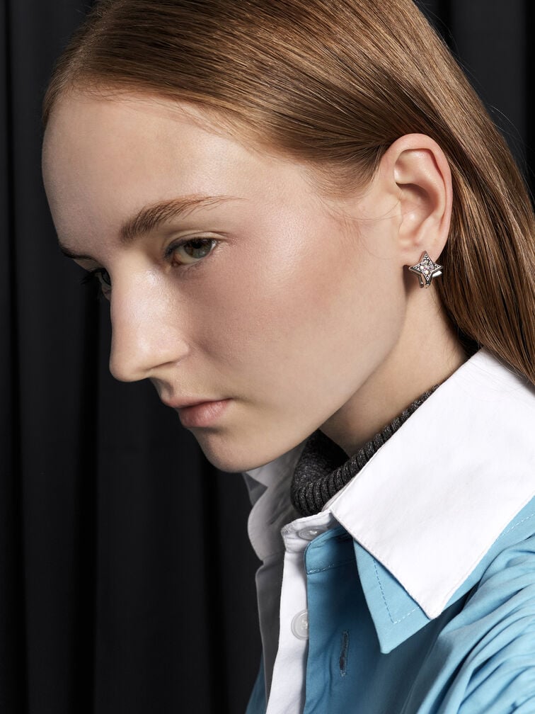 Everest Crystal Star Earrings, Silver, hi-res