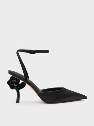 Pointed Flower-Heel Ankle-Strap Pumps, Black Textured, hi-res