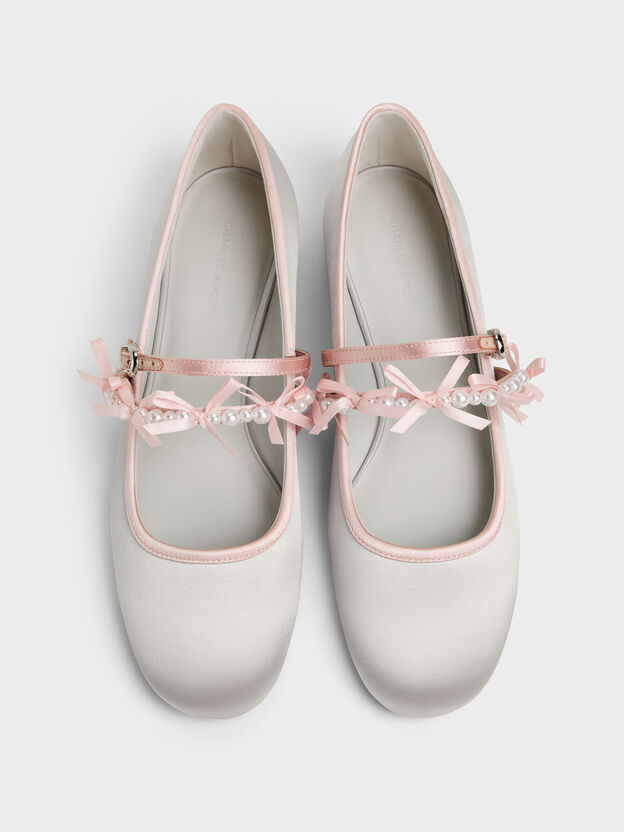 Noelie Satin Pearl-Bow Mary Janes, Silver, hi-res