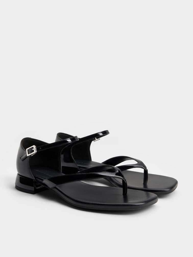 Patent Block-Heel Ankle-Strap Thong Sandals, Black, hi-res