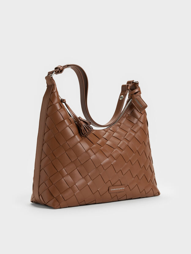 Ivette Woven Tassel Hobo Bag, Chocolate, hi-res