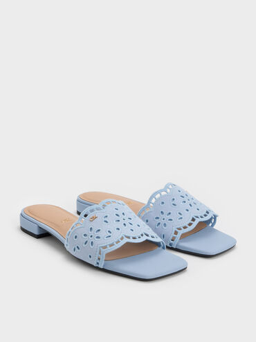Leather Embroidered Slide Sandals, Light Blue, hi-res