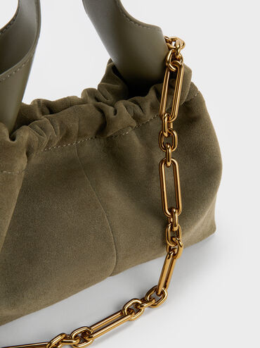 Ally Recycled Suede Ruched Slouchy Chain-Handle Bag, Deep Olive, hi-res