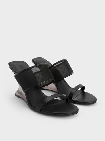 Mesh Sculptural-Heel Wedges, Black Textured, hi-res