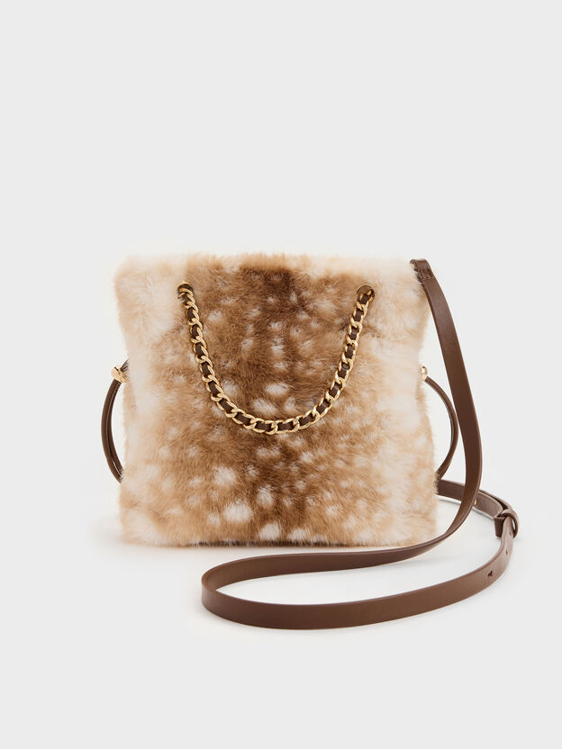 Arya Furry Deer-Print Braided-Chain Crossbody Bag, Animal Print Brown, hi-res