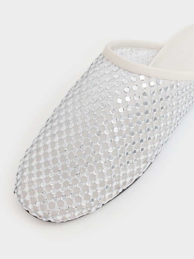 Maggie Mesh Crystal Flat Mules, White, hi-res