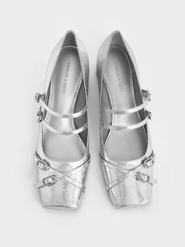 Janis Metallic Crinkle-Effect Double-Strap Mary Jane Pumps, Silver, hi-res