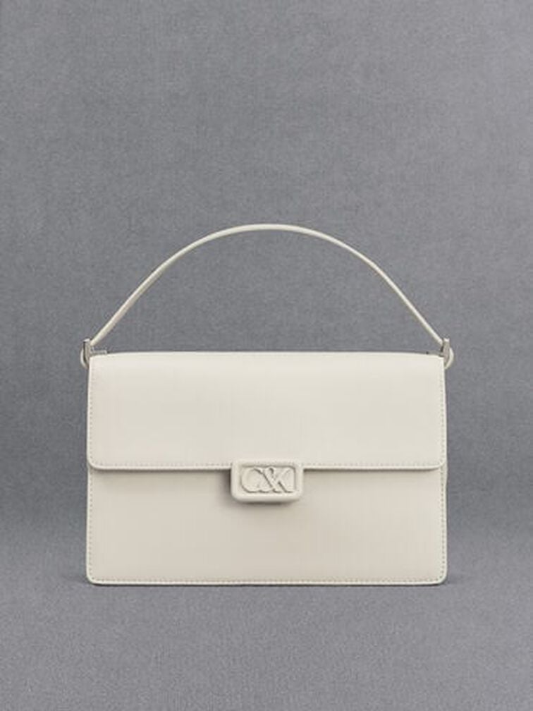 Leather Shoulder Bag, White, hi-res