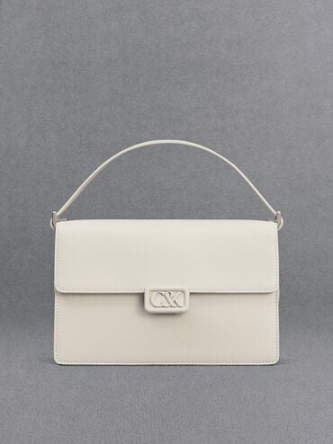 Leather Shoulder Bag, White, hi-res