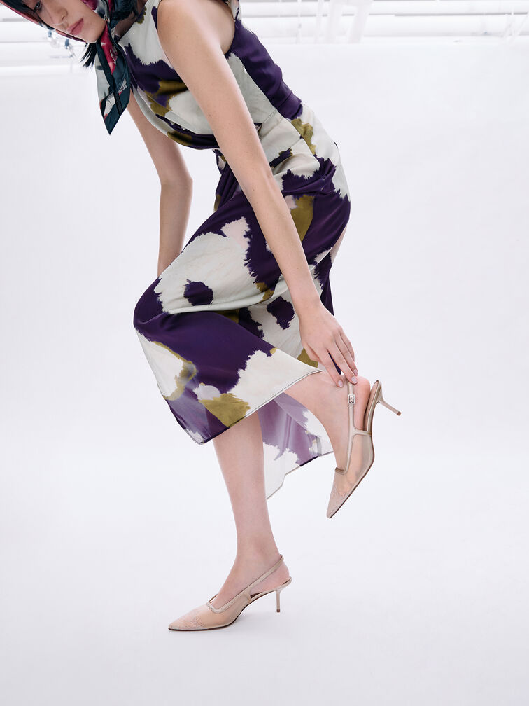 Mesh & Lace Pointed-Toe Slingback Pumps, Nude, hi-res