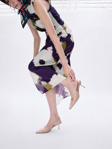 Mesh & Lace Pointed-Toe Slingback Pumps, Nude, hi-res