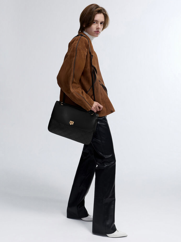 Connie Quilted Shoulder Bag, Black, hi-res