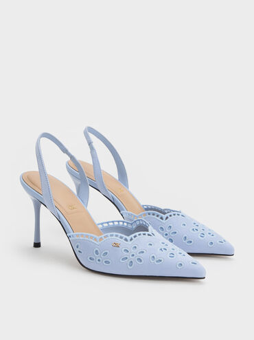 Leather Embroidered Pointed Slingback Pumps, Light Blue, hi-res