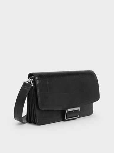 Liv Croc-Effect Grommet Chain-Handle Shoulder Bag, Noir, hi-res