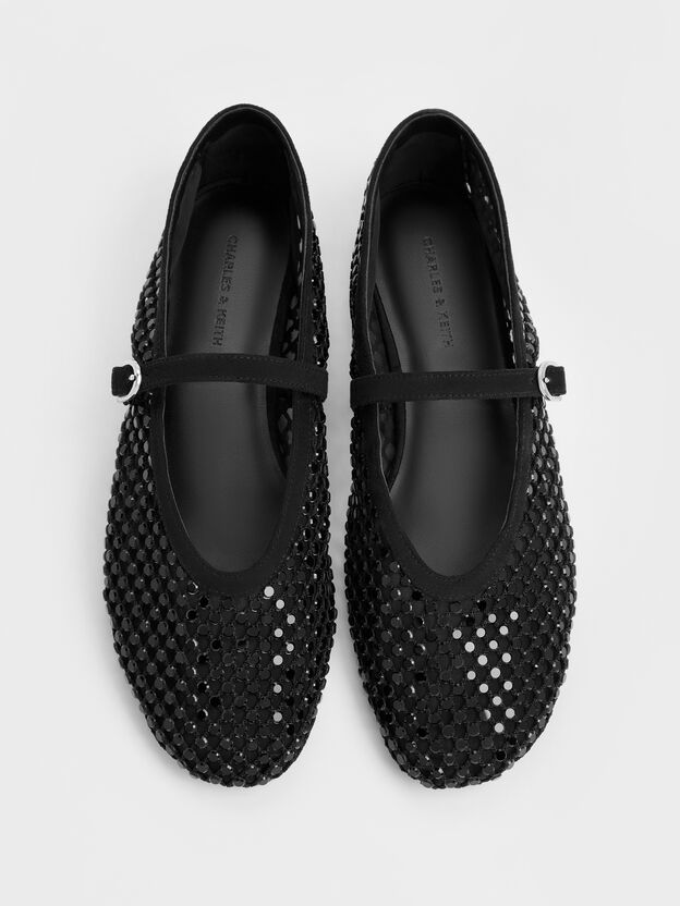 Maggie Mesh Crystal Mary Janes, Black Textured, hi-res