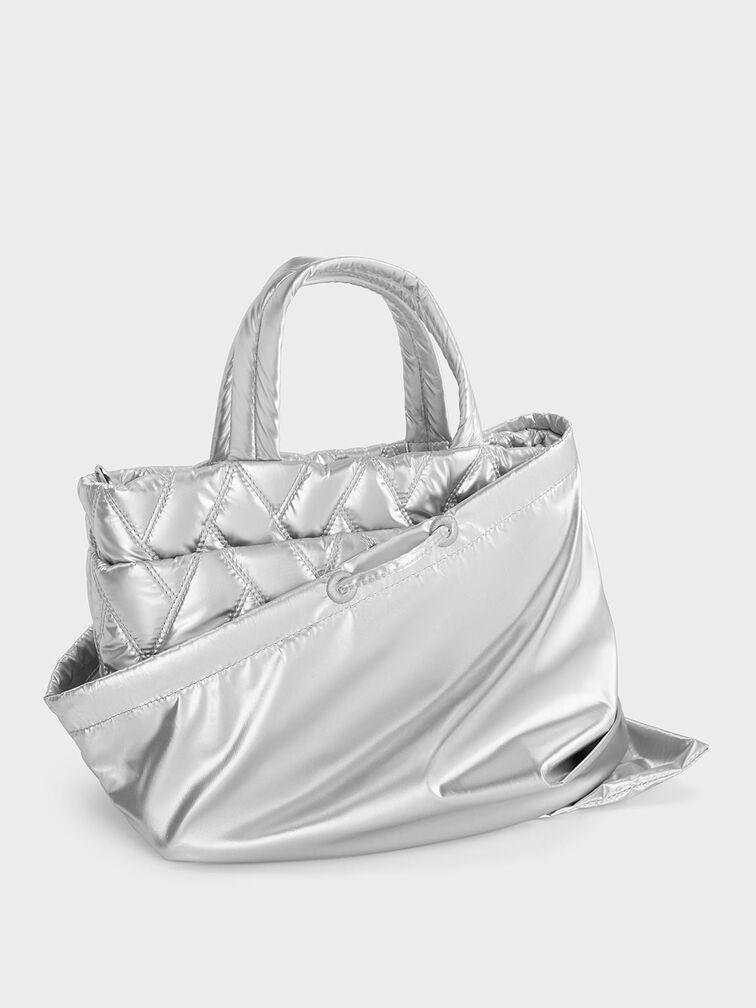 Nylon Chevron Boxy Tote Bag, Silver, hi-res