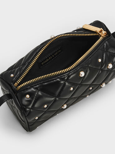 Janie Quilted Pearl Shoulder Bag, Black, hi-res