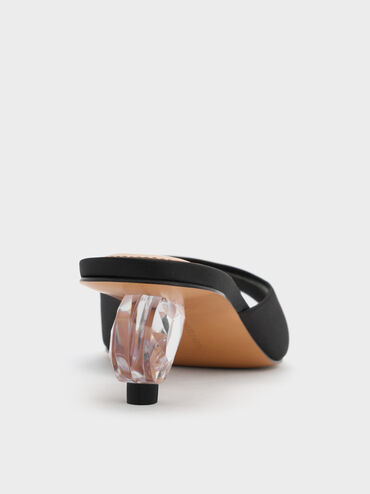 Satin Crystal-Heel Mules, Black Textured, hi-res