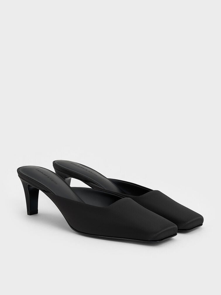 Satin Square-Toe Blade-Heel Mules, Black Textured, hi-res