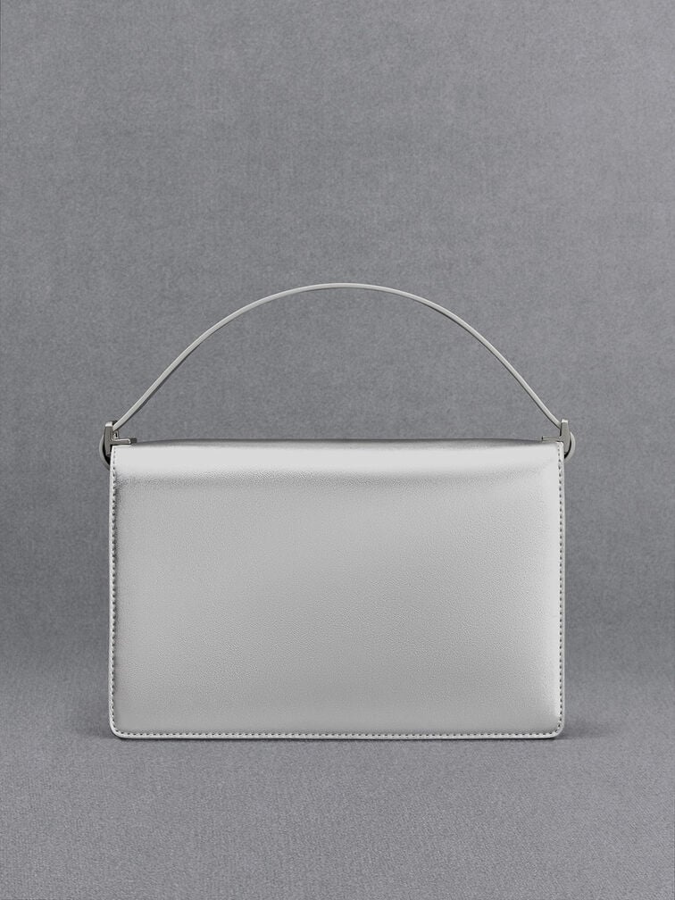 Metallic Leather Shoulder Bag, Silver Metallic Leather Shoulder Bag, Silver, hi-res