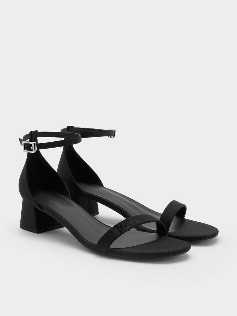 Grosgrain Block-Heel Ankle-Strap Sandals, Black Textured, hi-res
