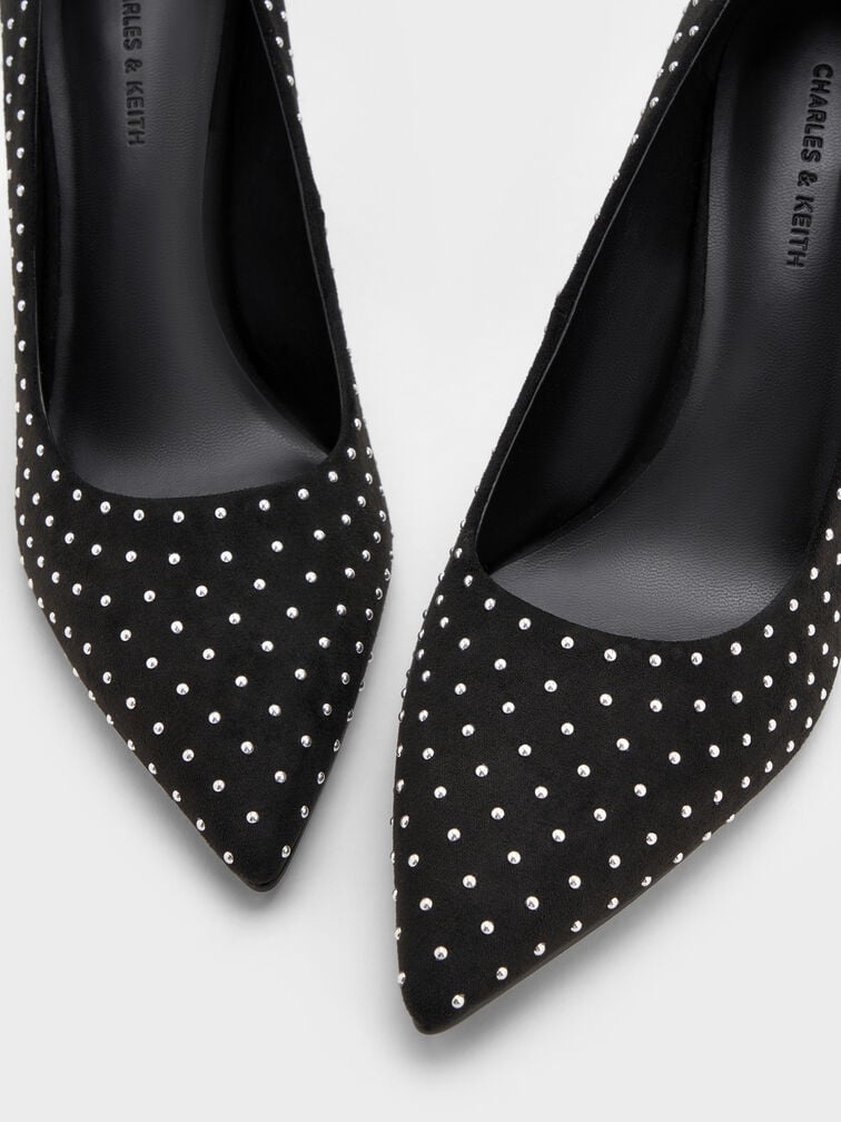 Faux Suede Studded Pointed-Toe Pumps, Black Textured, hi-res