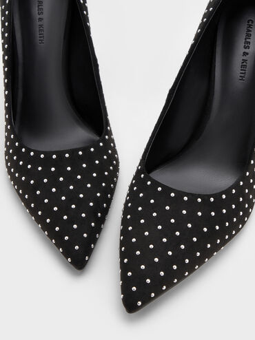 Faux Suede Studded Pointed-Toe Pumps, Black Textured, hi-res