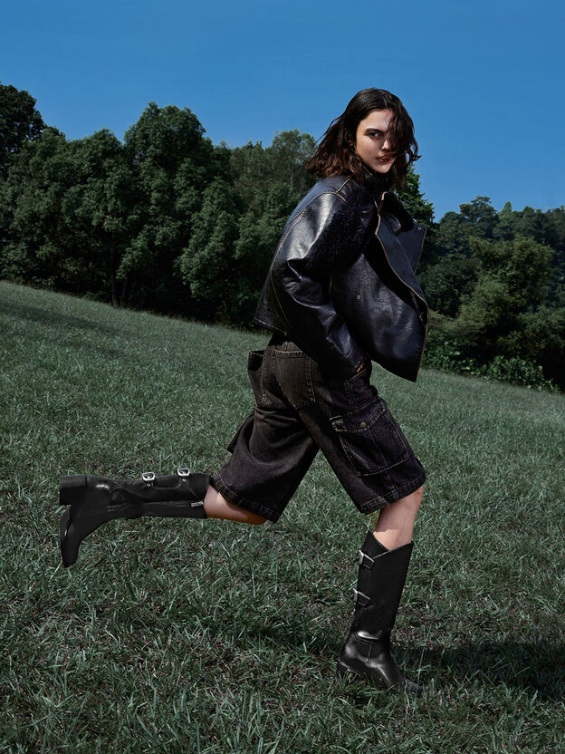 Masei Grommet-Strap Knee-High Boots, Black, hi-res