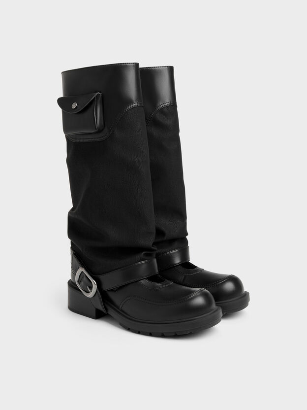 Convertible Ruched Knee-High Boots, Black, hi-res
