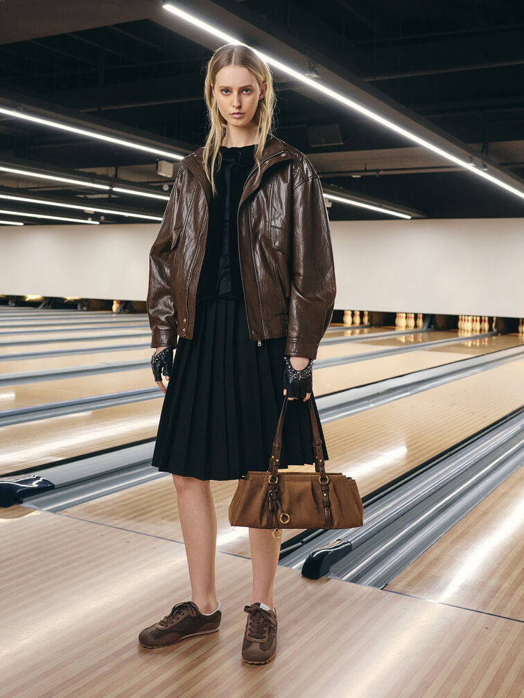 Britton Recycled Suede Ruched Elongated Shoulder Bag, Mocha Brown, hi-res