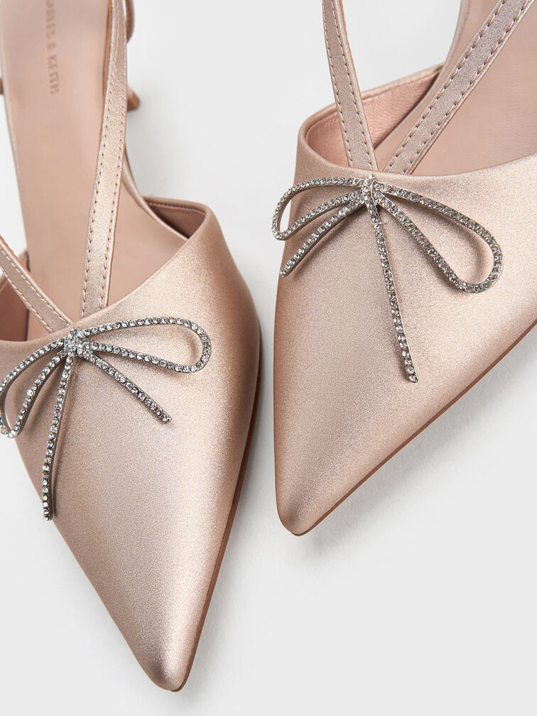 Crystal-Bow Kitten-Heel Slingback Pumps, Nude, hi-res