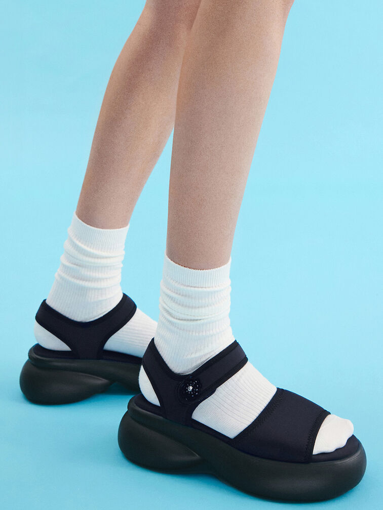 Flower-Buckle Platform Sports Sandals, Dark Blue, hi-res