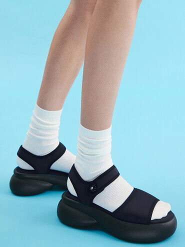Flower-Buckle Platform Sports Sandals, Dark Blue, hi-res