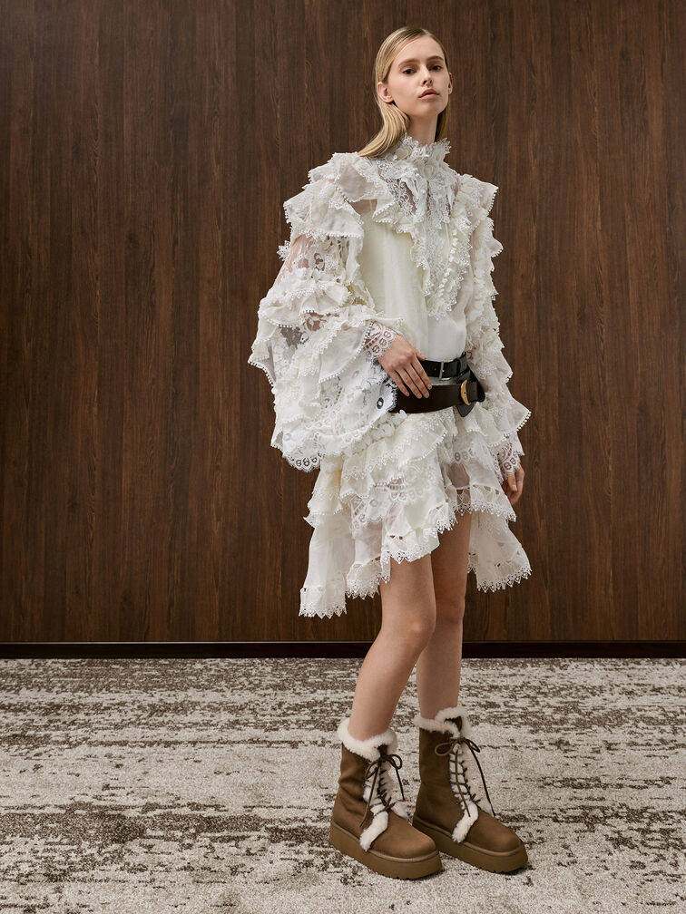 Faux Suede & Faux Fur Foldover Flatform Boots, Brown, hi-res