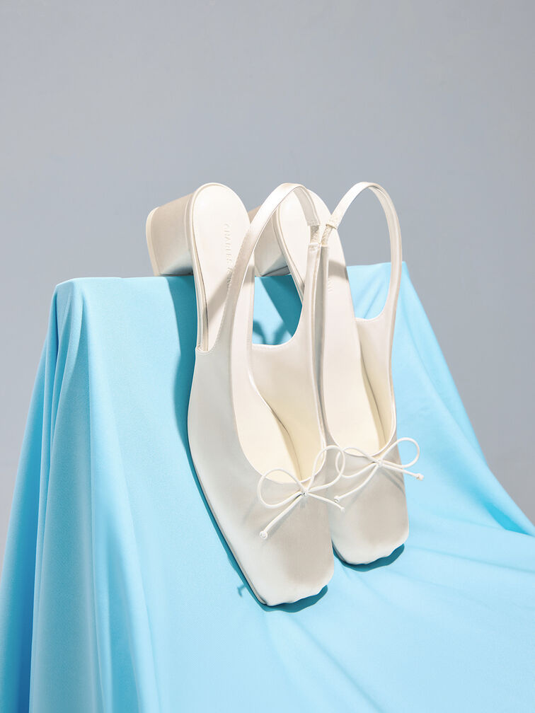 Sadira Satin Bow Square-Toe Slingback Pumps, Chalk, hi-res