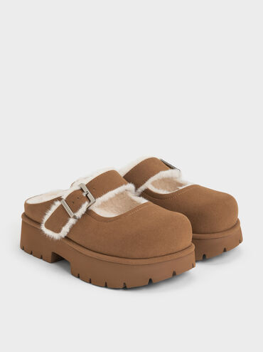 Bergen Textured Fur-Trim Buckled Platform Mules, Brown, hi-res
