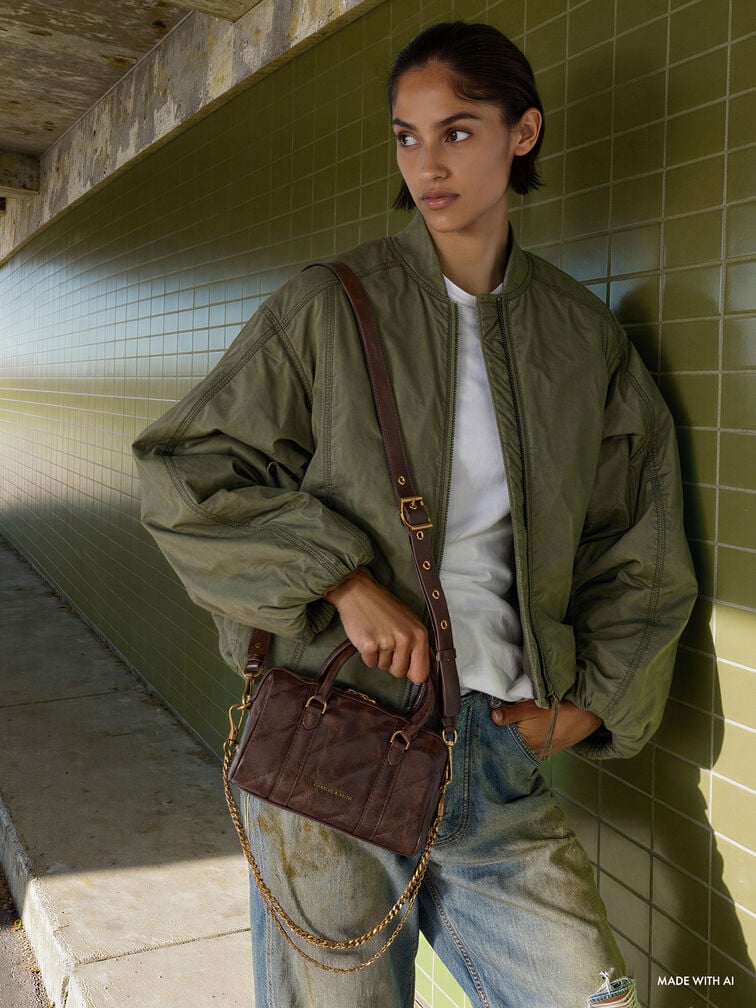 Philomena Panelled Chain-Handle Bowling Bag, Distressed Coffee, hi-res