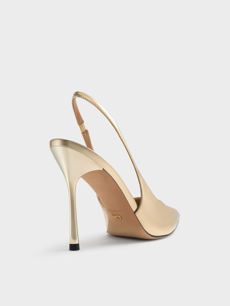 Metallic Leather Slingback Stiletto Pumps, Gold, hi-res