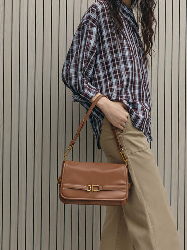 Gwynne Metallic-Buckle Belted Shoulder Bag, Chocolate, hi-res