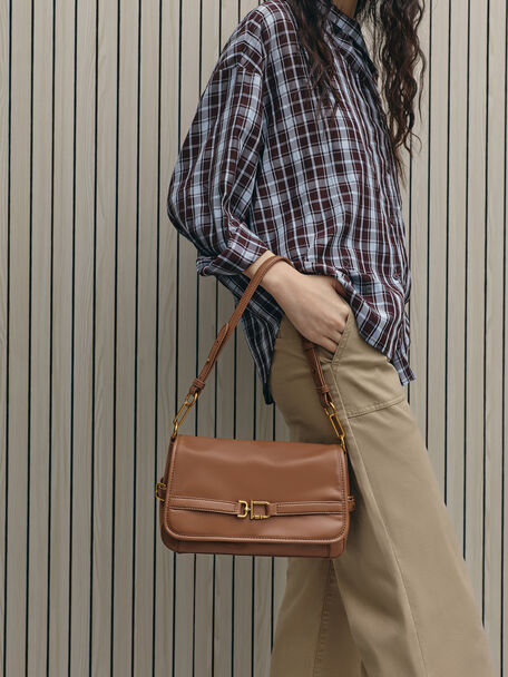 Gwynne Metallic-Buckle Belted Shoulder Bag, Chocolate, hi-res